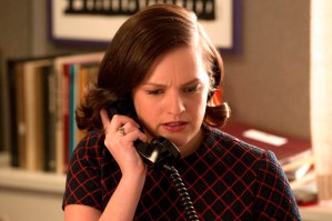 Elisabeth Moss as Peggy Olson gets an intense call from Don - 7th Season, Episode 14 - Photo Credit: Michael Yarish/AMC