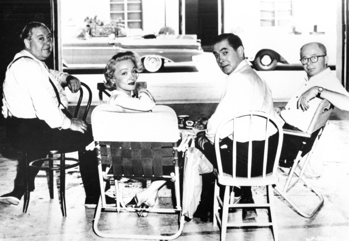 Marlene Dietrich, Tyrone Power, Charles Laughton and director Billy Wilder on the set of _Witness for the Prosecution_ 1957_