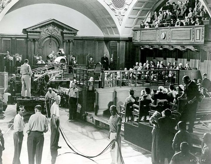 The setting is prepared for Billy Wilder's fabulous courtroom drama _Witness for the Prosecution_, 1957_